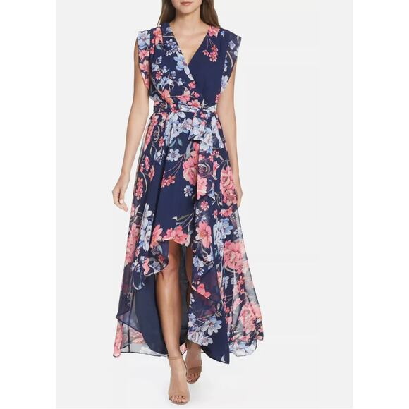 Eliza J Dresses & Skirts - Eliza J Obi Dress Womens 4 Pink Blue Floral High Low Flowy Feminine Romantic